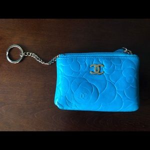 Chanel Turquoise Camellia Key Pouch SLG